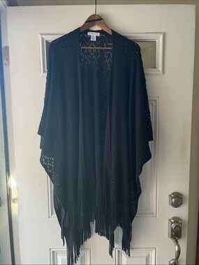 Nine West Black Open-Front Fringe Knit Cardigan